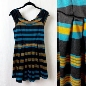 Striped Flared Black Gold & Teal Dress